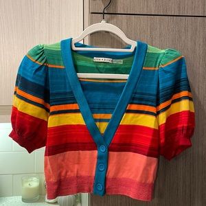 Alice + Olivia multi colored striped puff-sleeved cropped cardigan size XS
